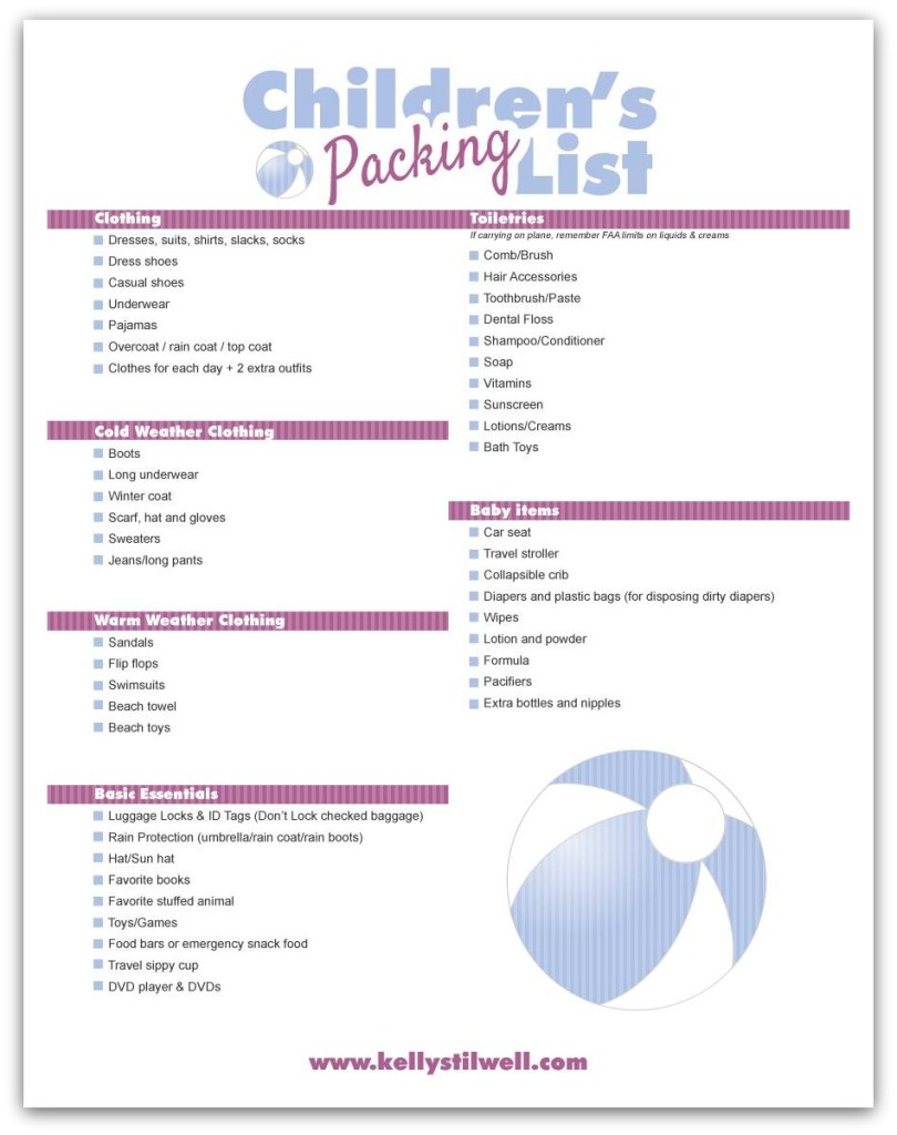 Kelly Stilwell  FREE Printable Packing Lists