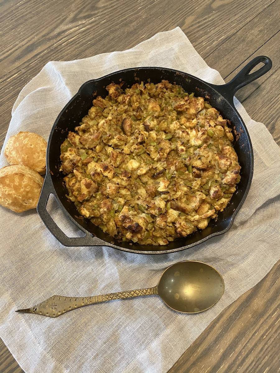 Mom's stuffing in cast iron skillet