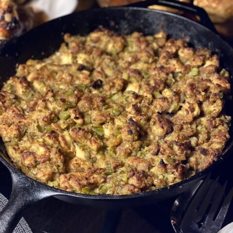 Stuffing in a cast iron skillet.