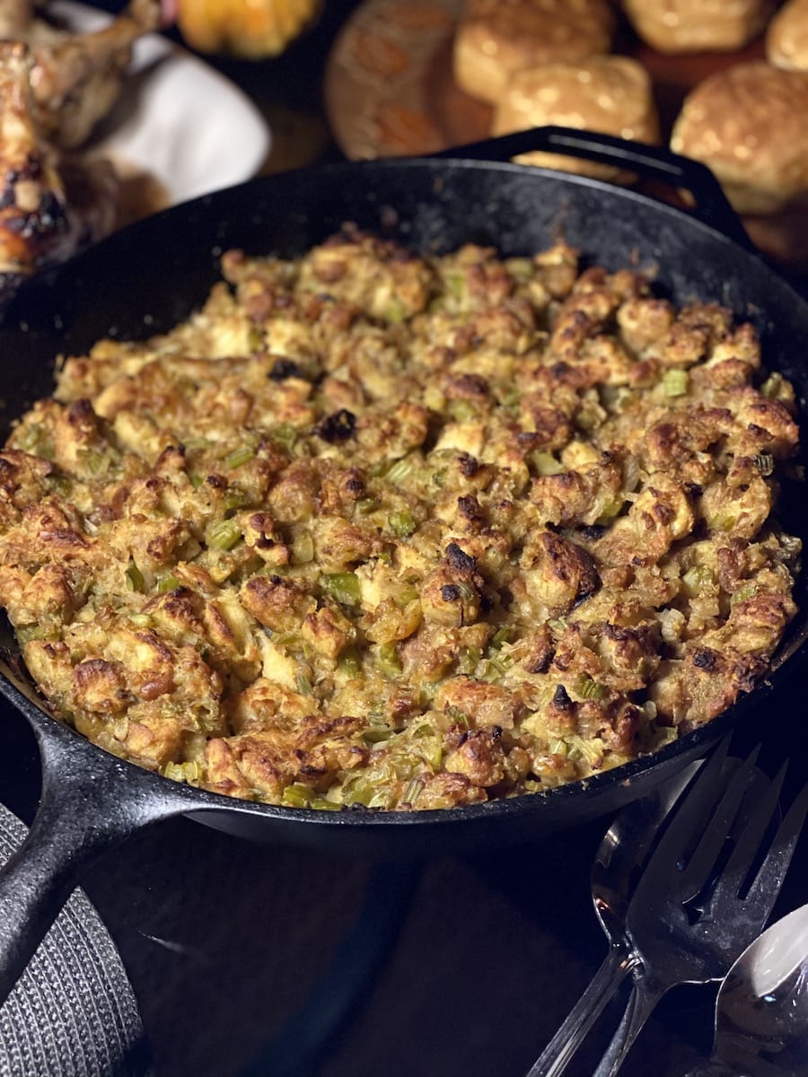 Stuffing in a cast iron skillet.