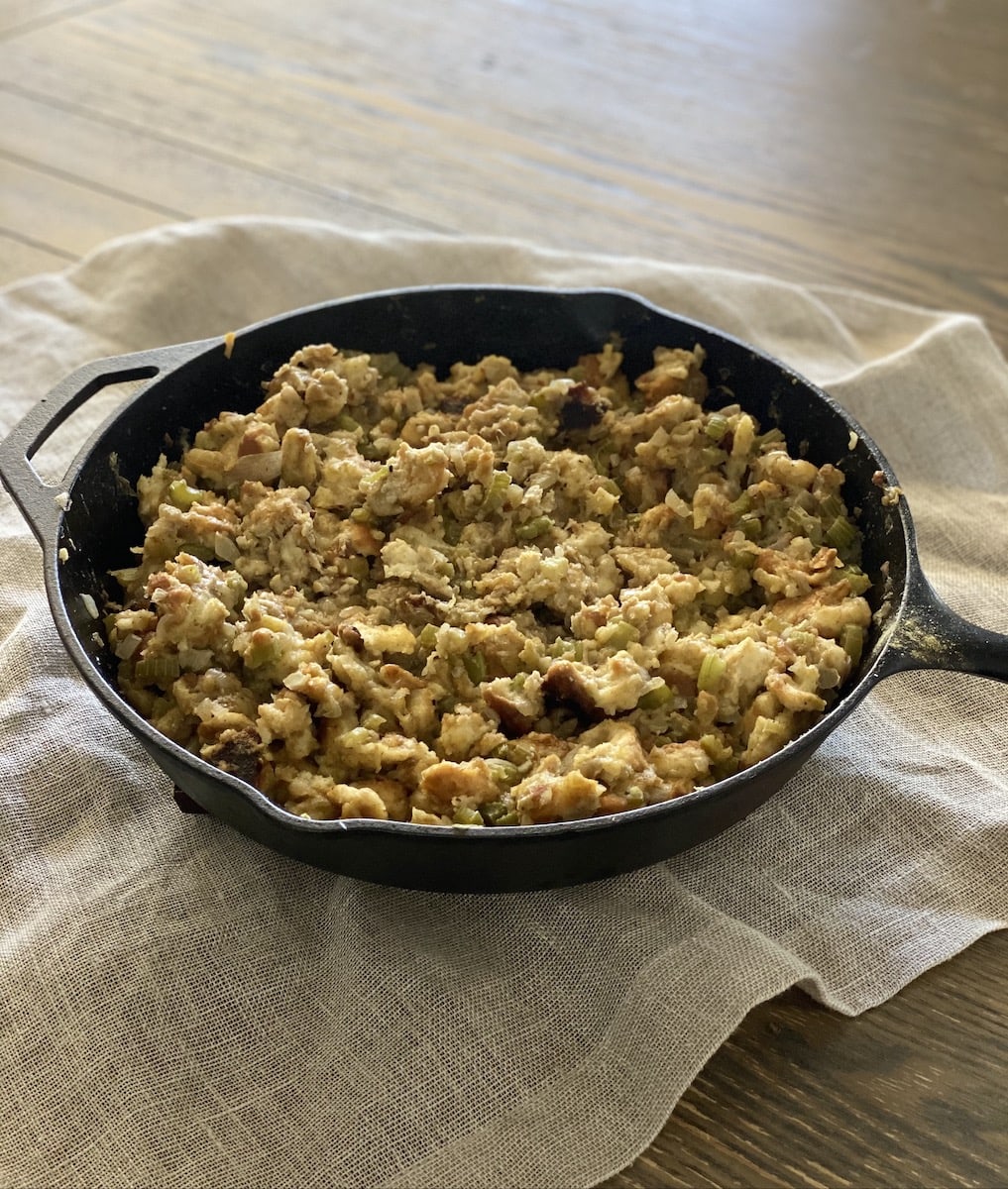 mom's stuffing before the oven, in cast iron skillet