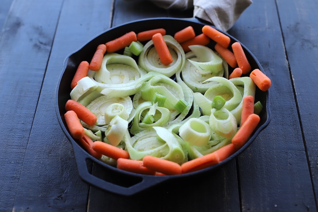 fennel and carrots in cast iron skillet