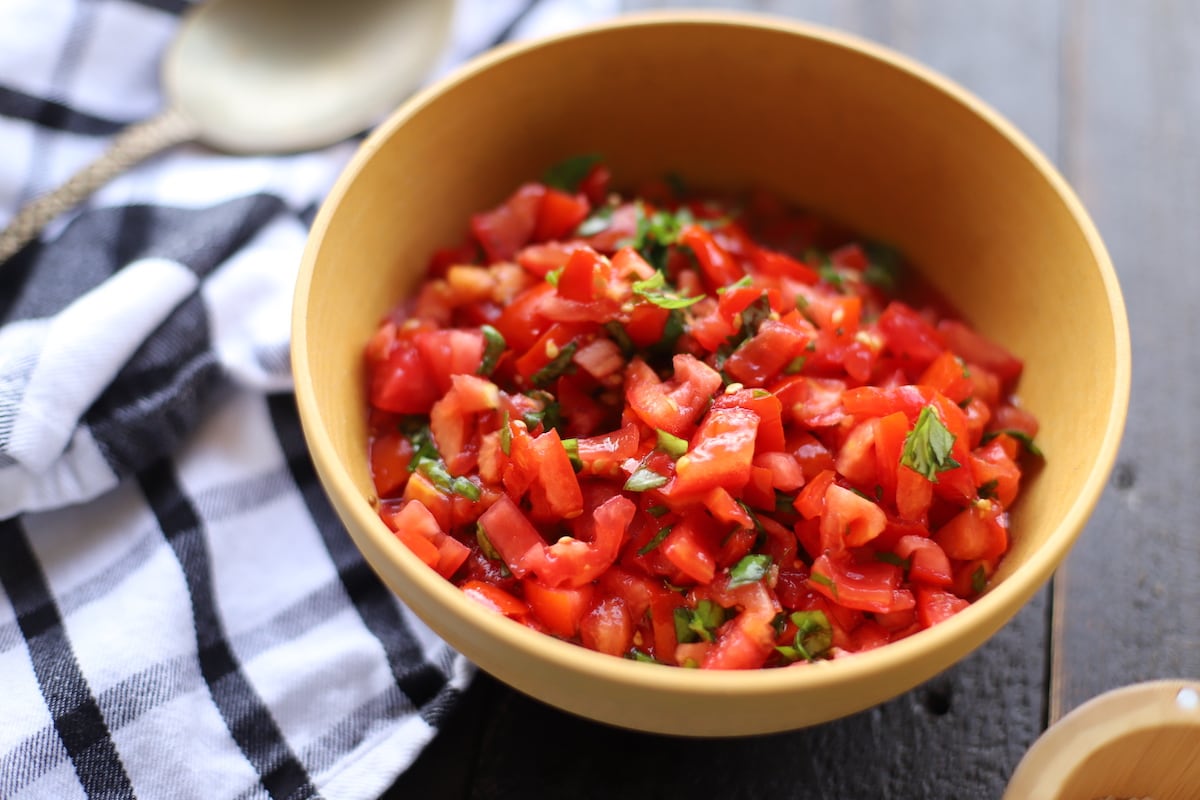 bruschetta in yellow bowl