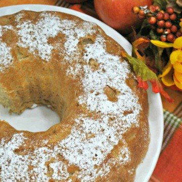 Apple cake with powdered sugar on a white plate on a fall tablecloth.