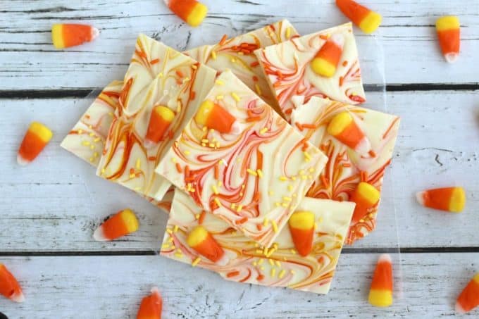 Chocolate bark with candy corn.