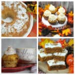 Apple cake, pumpkin cupcakes, pumpkin bread pudding, and pumpkin bars in a collage.