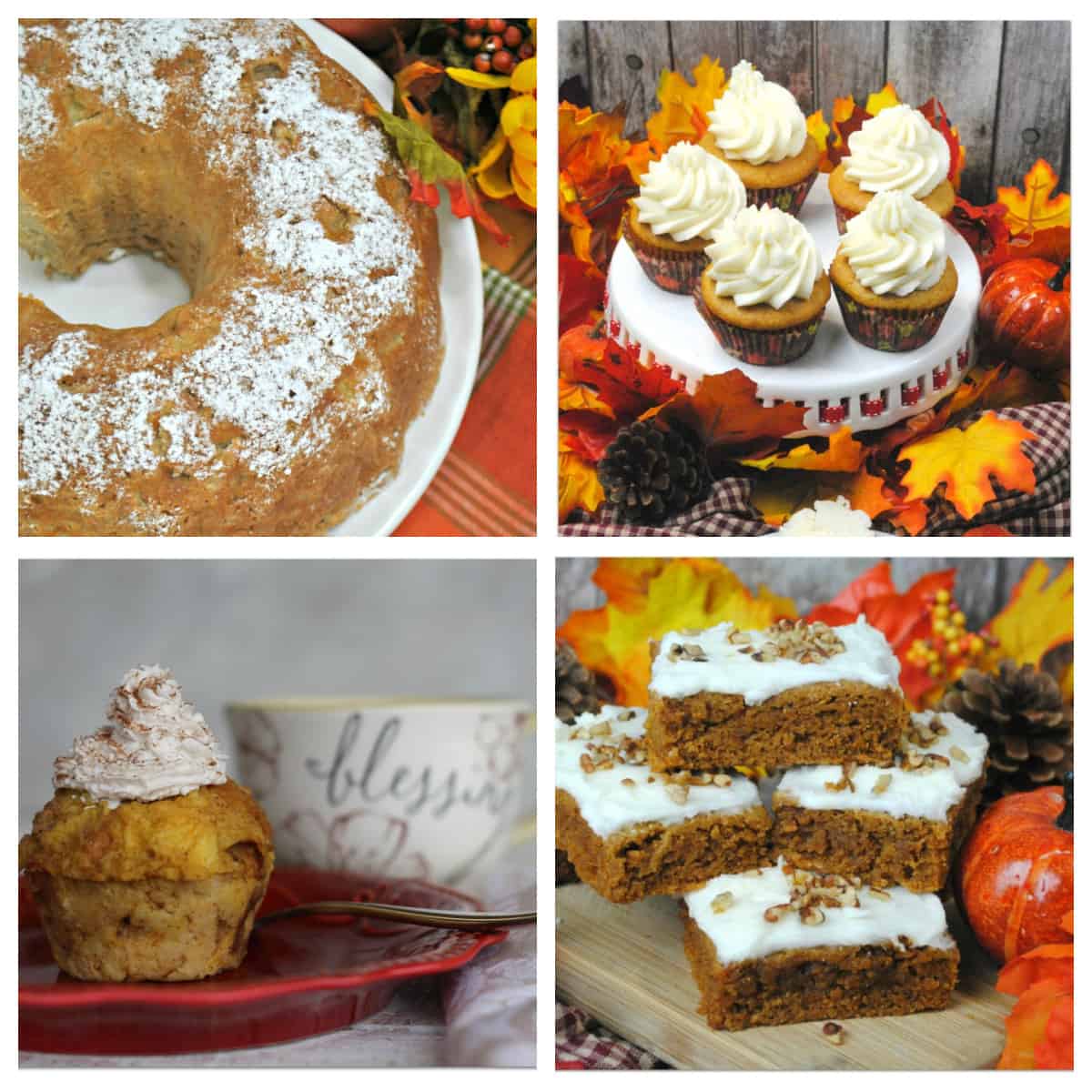 Apple cake, pumpkin cupcakes, pumpkin bread pudding, and pumpkin bars in a collage..