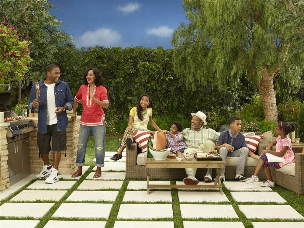 Caption & photo credit: ABC's "black-ish" stars Anthony Anderson as Andre "Dre" Johnson, Tracee Ellis Ross as Rainbow Johnson, Yara Shahidi as Zoey Johnson, Miles Brown as Jack Johnson, special guest star, Laurence Fishburne as Pops Johnson, Marcus Scribner as Andre Johnson, Jr., and Marsai Martin as Diane Johnson. (ABC/Bob D'Amico)