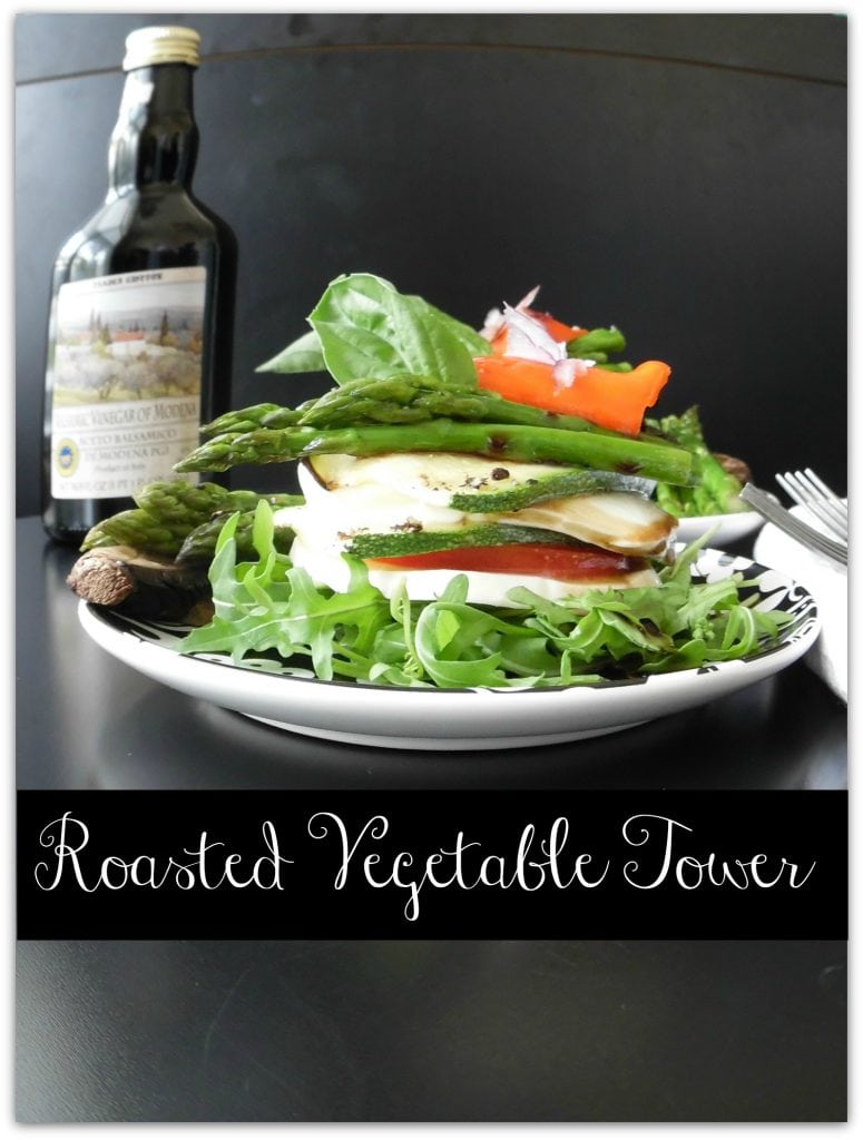 This Roasted Vegetable Tower is nutritious and delicious! It makes an elegant presentation for dinner, and could be used for an appetizer, too. Also great when you need vegetarian dinner recipes. If yellow peppers are fresher, they would work well, too.
