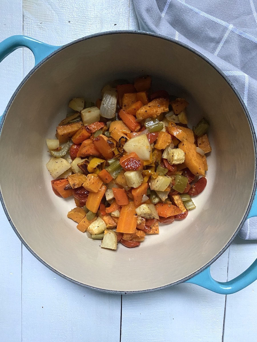 roasted vegetable soup veggies in pot