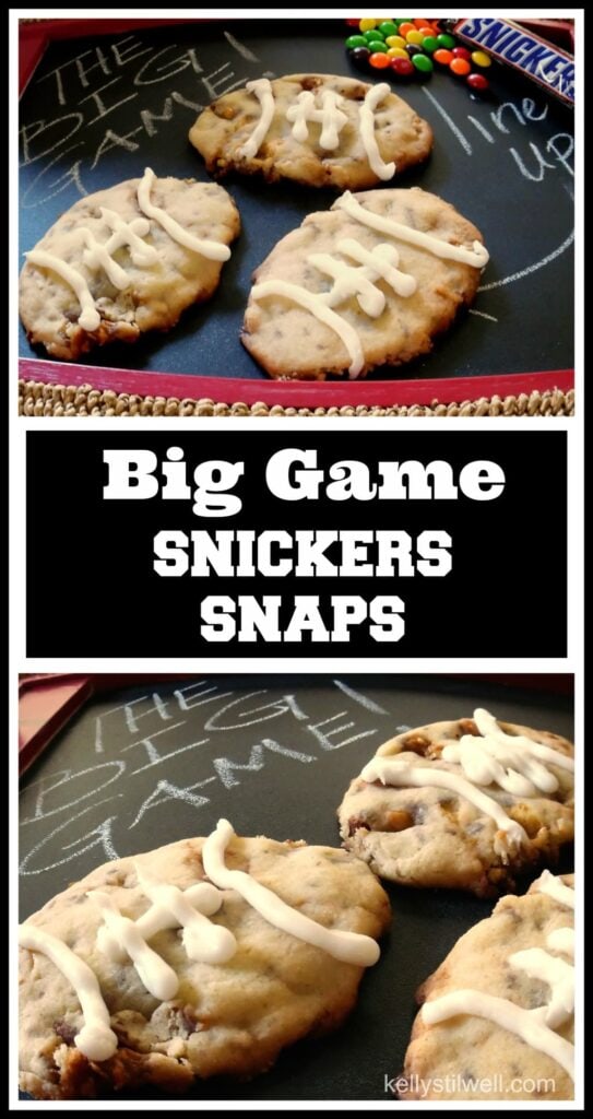  Need a great recipe to bring to that Big Game party? Why not make these Snickers Snaps Cookies? I love desserts that don’t need utensils, too, and you can grab these cookies and get back to the game!