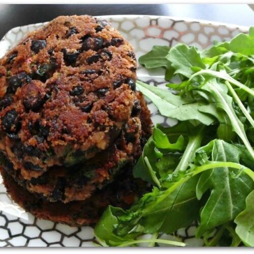 These Black Bean Burgers are so healthy. We like to eat vegetarian a couple of times a week, and this is one of my favorite easy recipes. It can be made for dinner, served alongside a salad, but could also be made smaller for appetizers.
