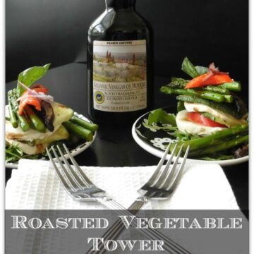 This Roasted Vegetable Tower is nutritious and delicious! It makes an elegant presentation for dinner, and could be used for an appetizer, too. Also great when you need vegetarian dinner recipes. If yellow peppers are fresher, they would work well, too.