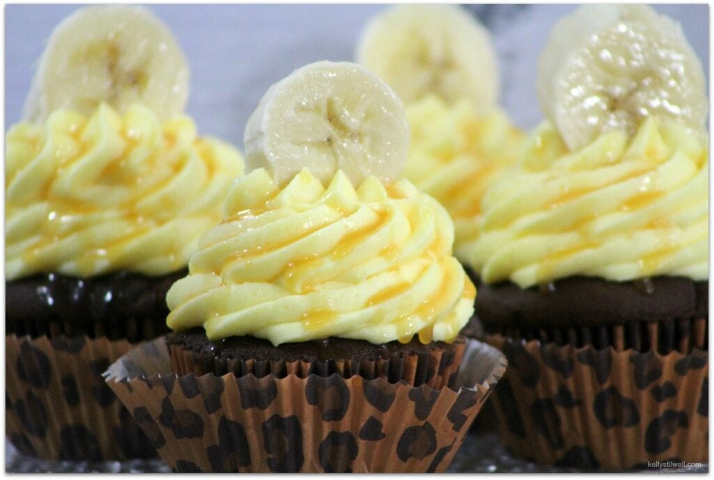 Chocolate cupcakes with banana icing.