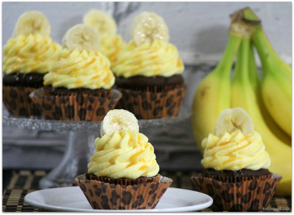 Chocolate cupcakes with banana icing.