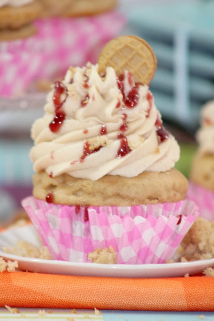  These peanut butter and jelly cupcakes are so delicious! They remind me of my childhood! They make a perfect dessert or treat for any gathering. The next time you have to bring food to an event, head to the kitchen and whip these up! Everyone will love them!