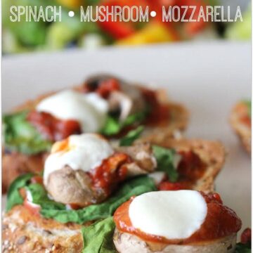 These Bruschetta Melts are bursting with flavor! Topped with tomato sauce, fresh spinach, mushrooms, and fresh mozzarella, this is the perfect appetizer to take when bringing food to a party. The recipe is simple and easy. We had it for dinner with a salad. It's one of my favorite recipes!