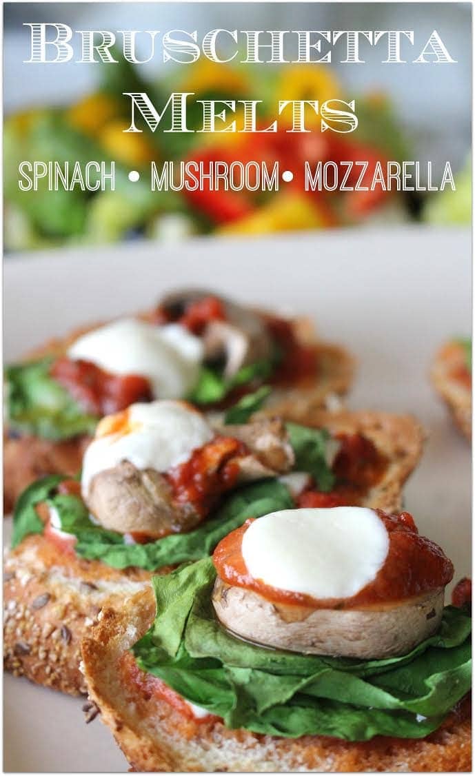 These Bruschetta Melts are bursting with flavor! Topped with tomato sauce, fresh spinach, mushrooms, and fresh mozzarella, this is the perfect appetizer to take when bringing food to a party. The recipe is simple and easy. We had it for dinner with a salad. It's one of my favorite recipes!