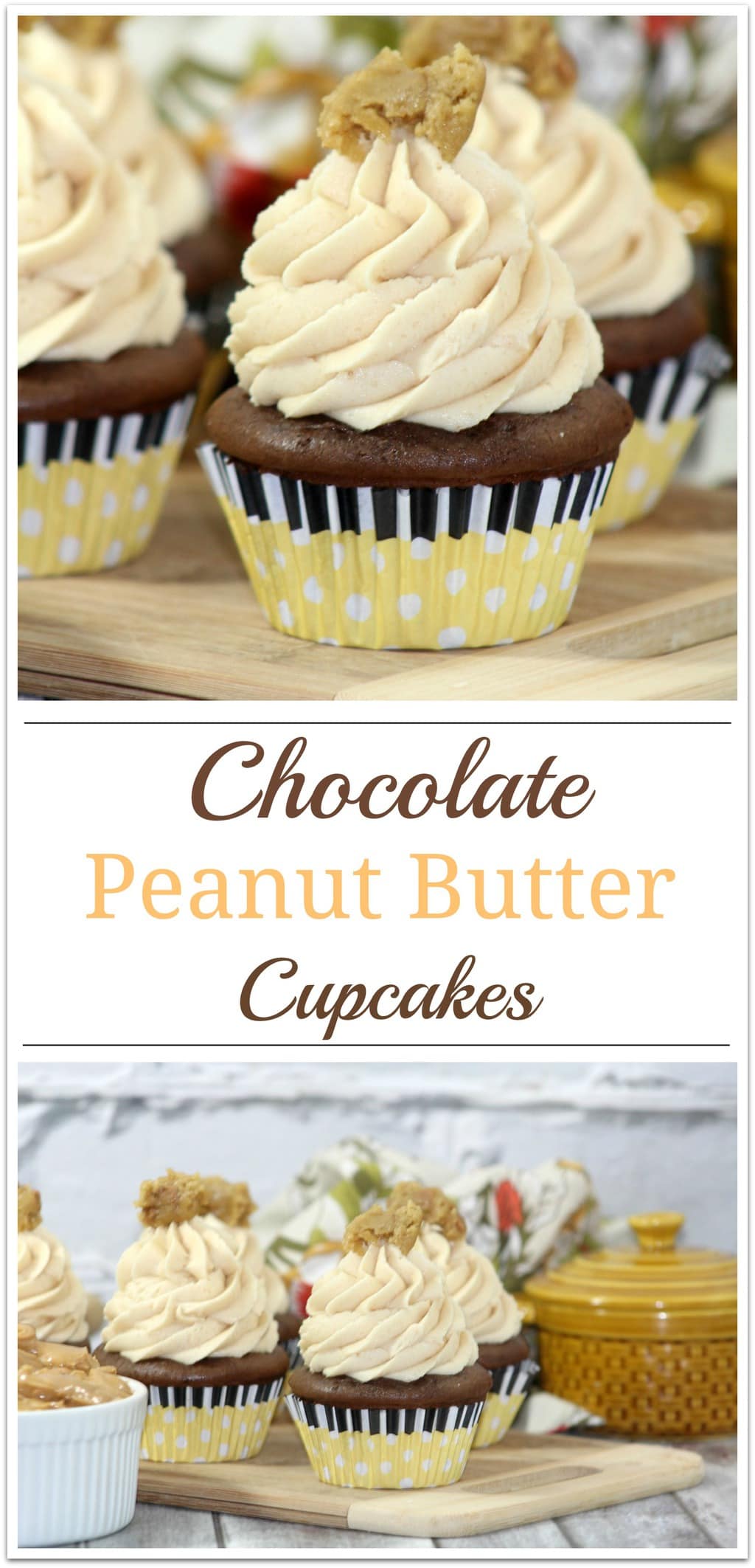 Chocolate peanut butter cupcakes with peanut butter frosting and pinch of peanut butter on top Pinterest image.
