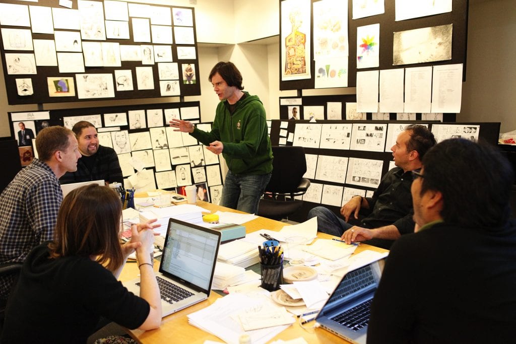 Director Pete Docter, script supervisor Emily Zulauf, co-director Ronnie Del Carmen, Story Supervisor Josh Cooley and Producer Jonas Rivera with Saturday Night Live writer Bill Hader during an INSIDE OUT story meeting on May 27, 2011 at Pixar Animation Studios in Emeryville, Calif. (Photo by Deborah Coleman / Pixar)