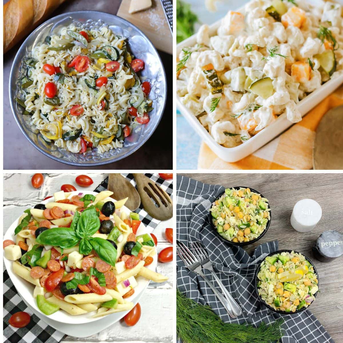 A collage of pasta salads.