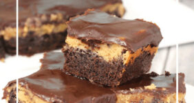 Peanut butter brownies on a white plate on a red checked tablecloth.