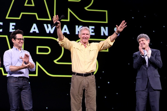 ANAHEIM, CA - AUGUST 15: (L-R) Director J.J. Abrams and actor Harrison Ford of STAR WARS: THE FORCE AWAKENS and Chairman of the Walt Disney Studios Alan Horn took part today in "Worlds, Galaxies, and Universes: Live Action at The Walt Disney Studios" presentation at Disney's D23 EXPO 2015 in Anaheim, Calif. (Photo by Jesse Grant/Getty Images for Disney) *** Local Caption *** Harrison Ford; J.J. Abrams; Alan Horn
