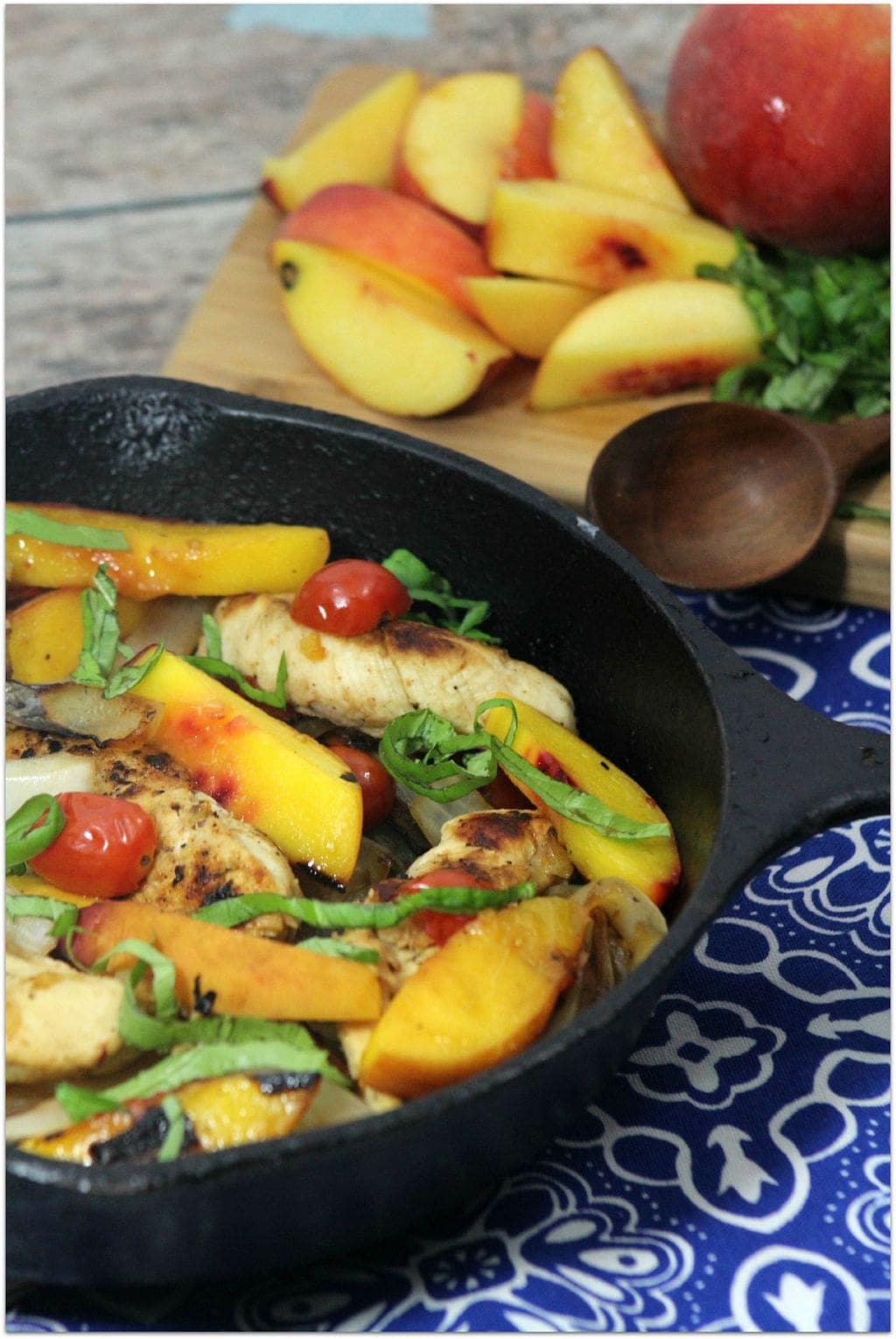 This chicken and peaches with balsamic reduction is such a delicious easy recipe. Peaches are so good in the summer, but you can find them throughout the year now. If you’ve never made a chicken recipe with peaches you are in for a treat! Now that autumn is here, busy moms are looking for new dinner recipes. I think you’ll find it to be an easy dinner your family will love!