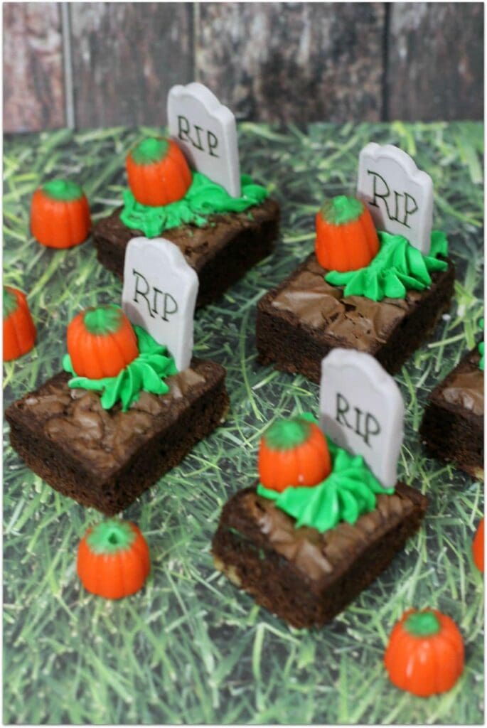 Brownies with gravestone and pumpkins for Halloween.