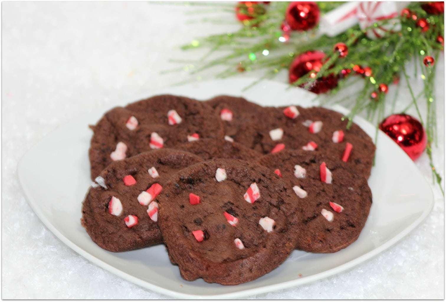 Chocolate cookies with candy cane pieces on a white plate with Christmas decor.