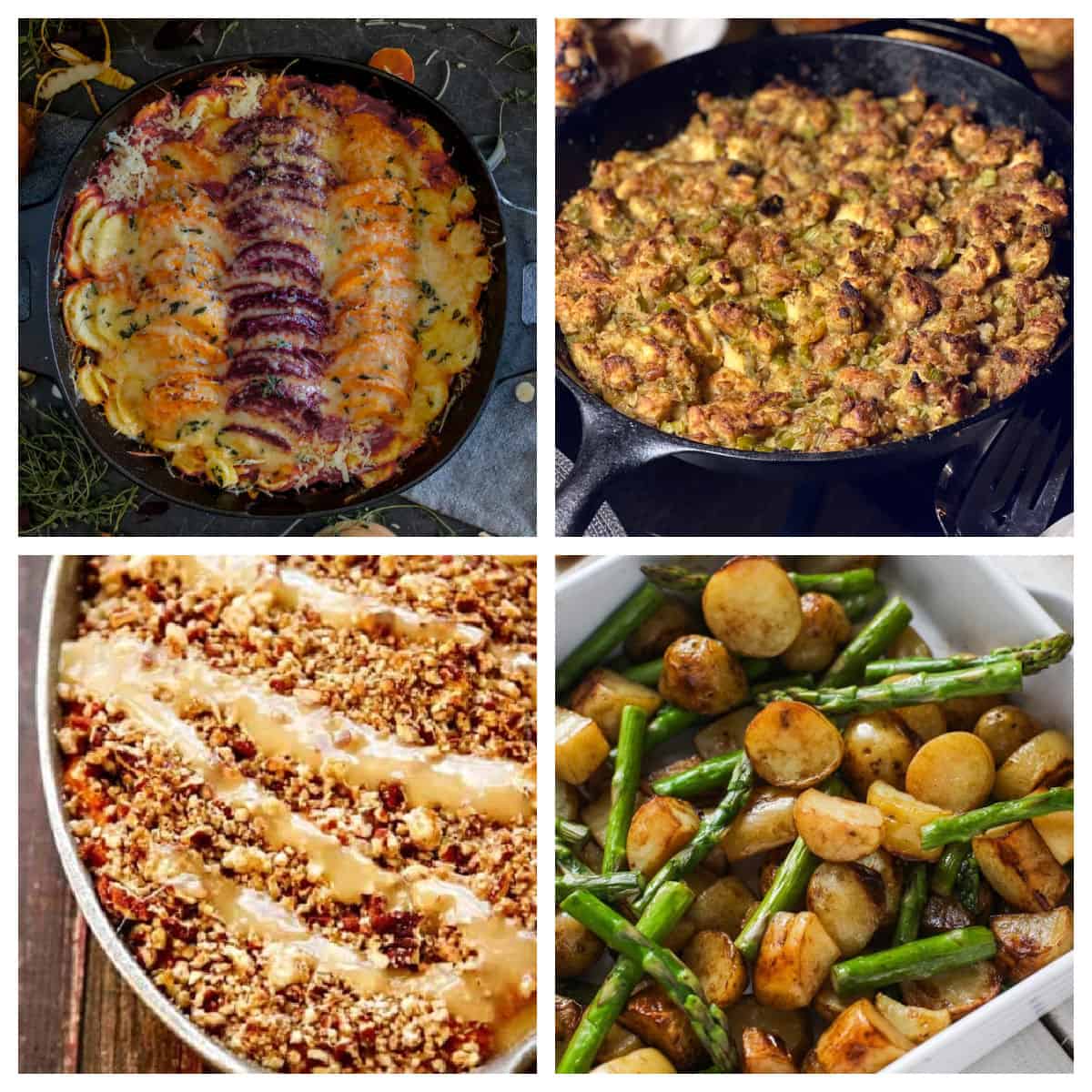 Roasted vegetables, stuffing, sweet potato casserole, green beans and potatoes in a collage.