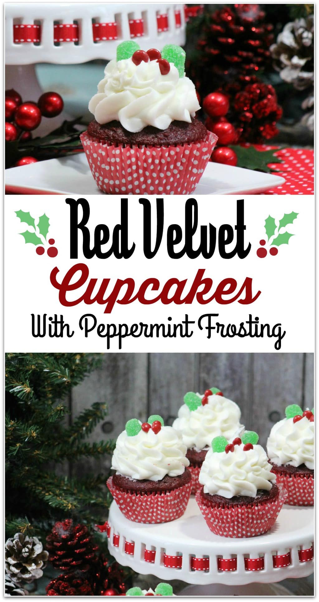 These Holly Red Velvet Cupcakes are so festive, and the perfect dessert to take to a Christmas party! The recipe is easy, so you won't spend hours in the kitchen. You're welcome! This will end up being your go-to holiday dessert recipe!