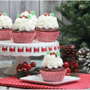 These Red Velvet Cupcakes are so festive, and the perfect dessert to take to a Christmas party! The recipe is easy, so you won't spend hours in the kitchen. You're welcome! This will end up being your go-to holiday dessert recipe!
