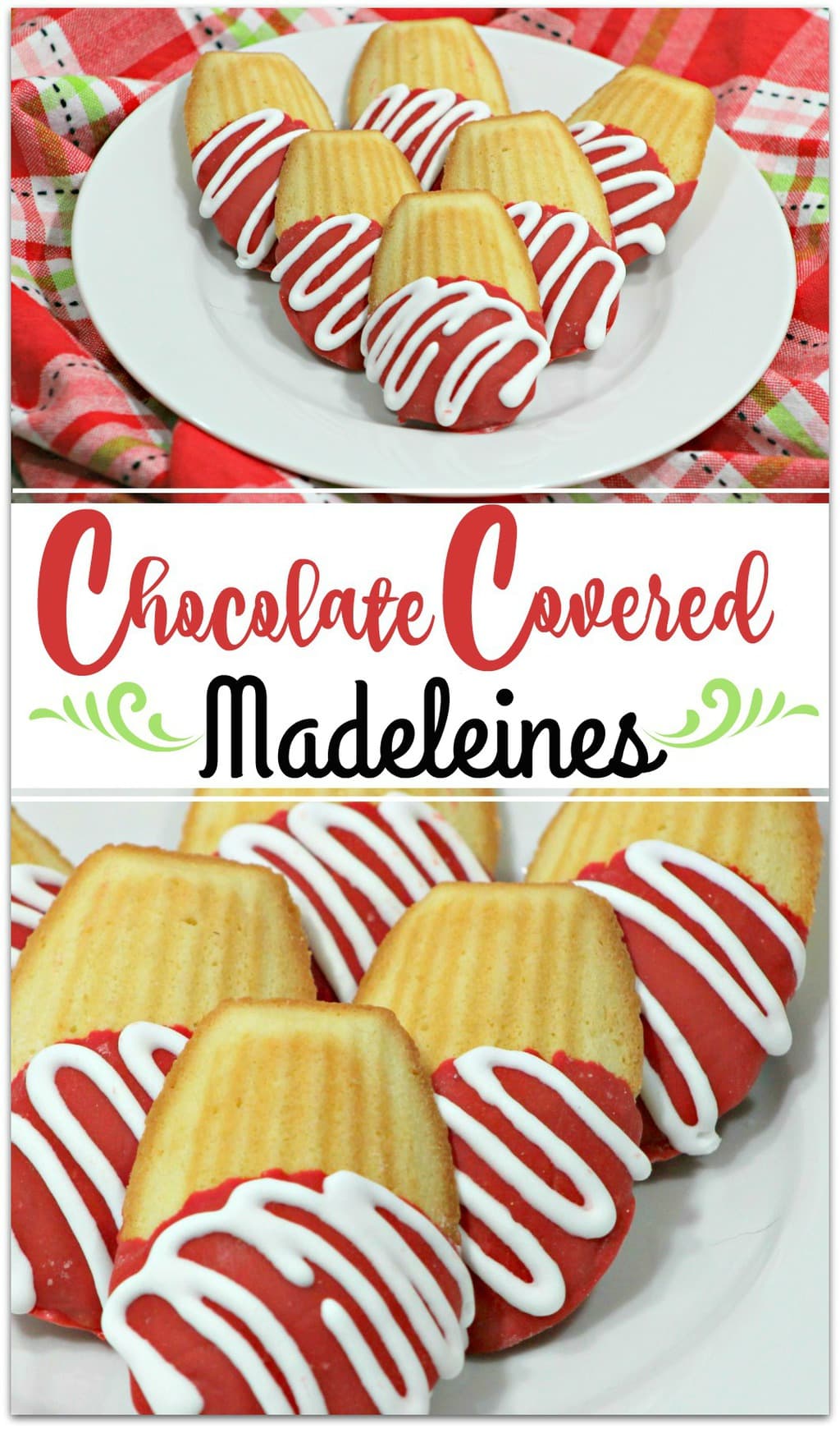 Red and white Chocolate Covered Madeleine cookies on a white plate on a red plaid cloth for Pinterest image.