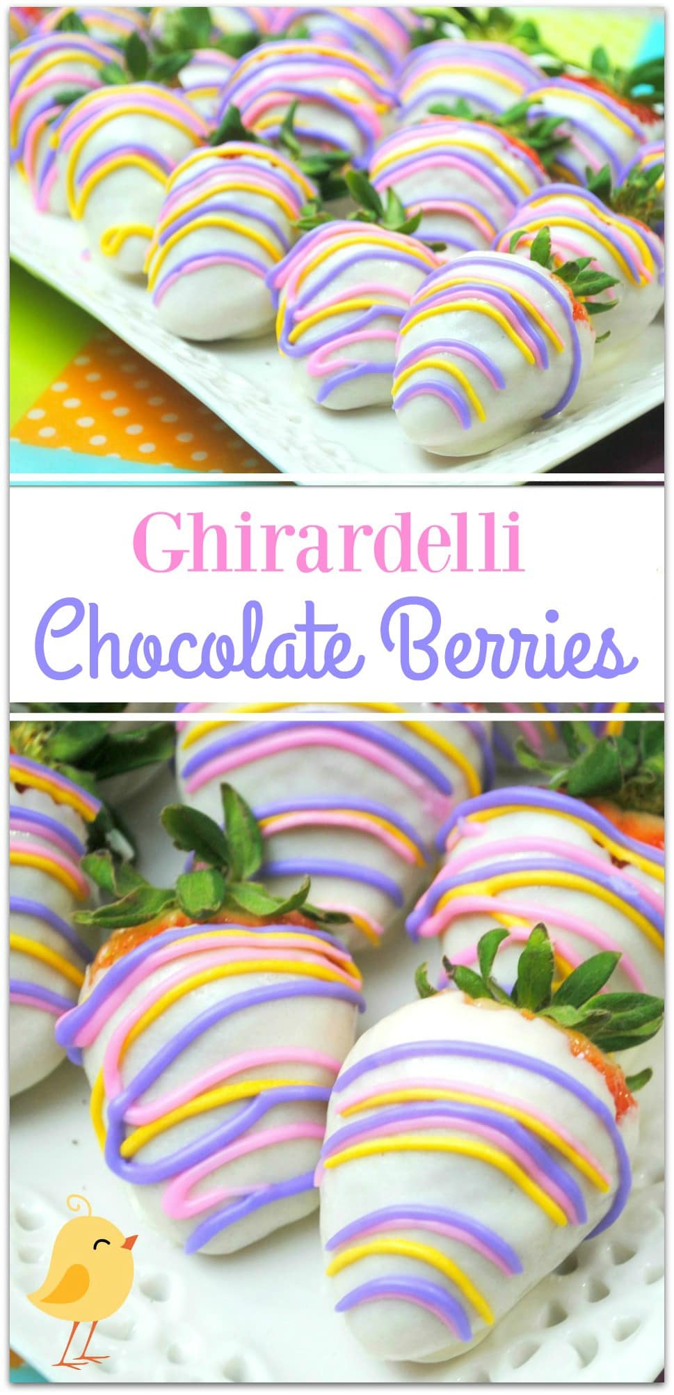 These Ghirardelli Chocolate Berries are so delicious, I could eat every last one all by myself! So pretty, dipped in Ghirardelli white chocolate and decorated with a drizzle of royal icing, this is such an easy recipe! These would be a special treat for so many occasions, like Easter, a baby shower, or any party where you want to bring a festive but easy dessert that won't keep you in the kitchen all day!