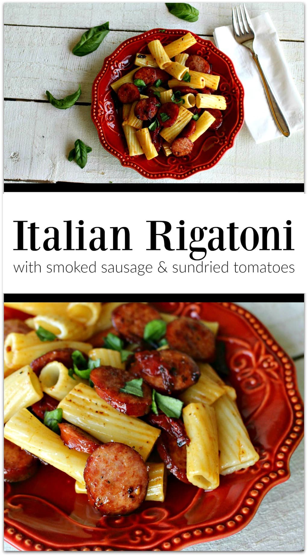 Rigatoni with tomatoes and sausage on a red plate on a white table with a fork and napkin.