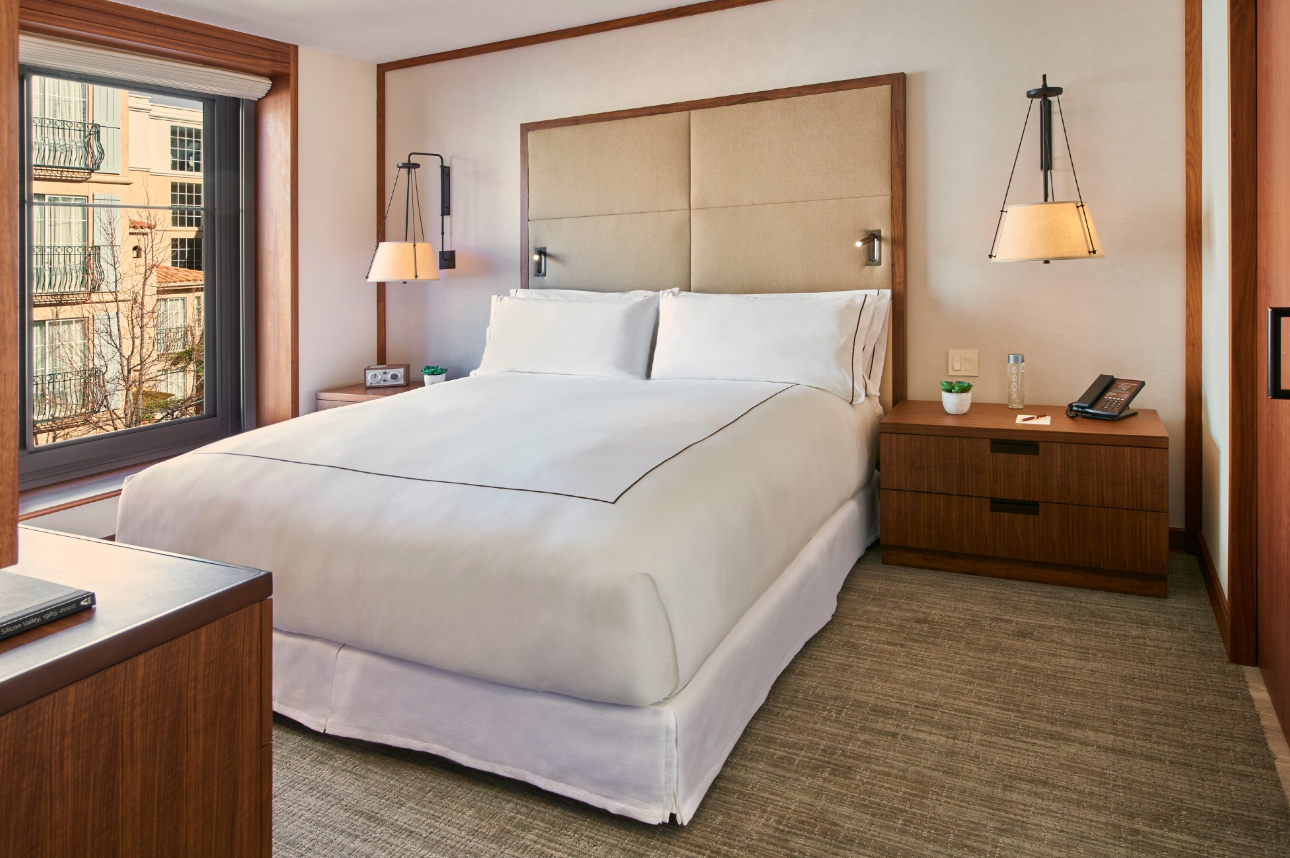 Bedroom at The Clement Palo Alto hotel in Silicon Valley.