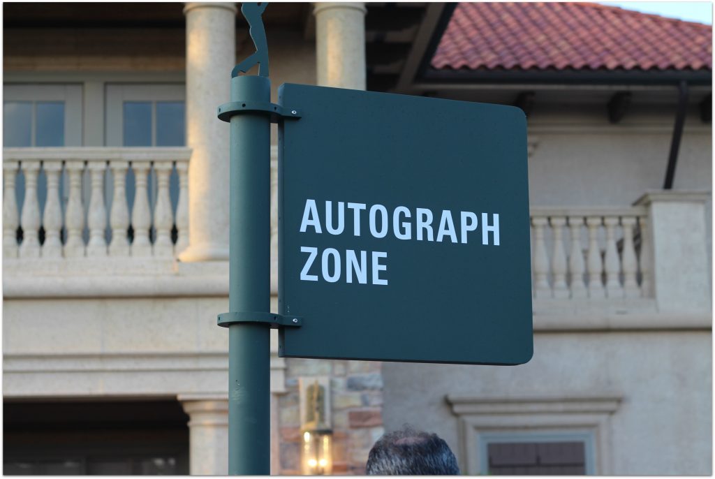 Autograph zones are located on the course at the main player practice grounds and the scoring area behind the 18 green. Both are marked with signage.The Practice Area is a must, and hanging out at The Terrace will give you the chance to have a beverage and watch both the chipping green and the Practice Area.