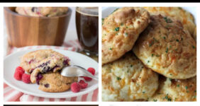 Berry scones, biscuits, egg sandwich, and breakfast cookies in a collage for Pinterest..