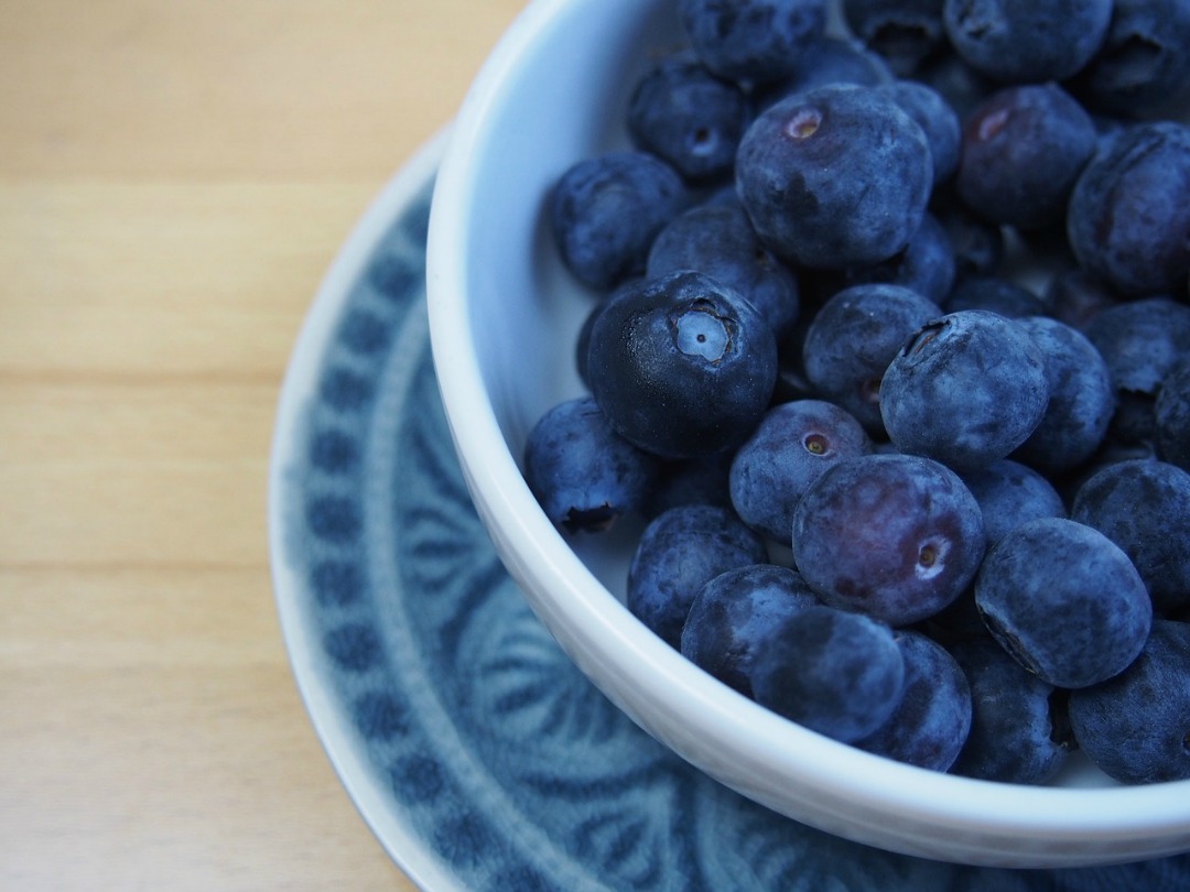 Blueberries in a light blue bowl.