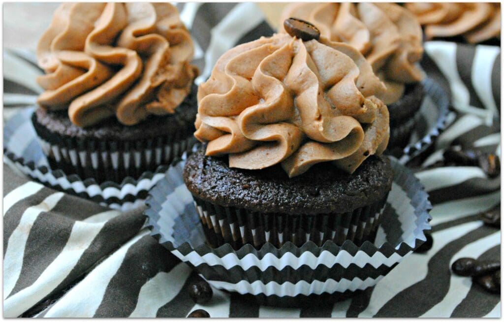 You are going to love these Mocha Coffee Cupcakes. What could be better than mocha and coffee together? This is the perfect dessert to serve your book club or friends at the end of a party. The cake is just slightly sweet, and little bit of coffee flavor in the frosting is the perfect compliment.