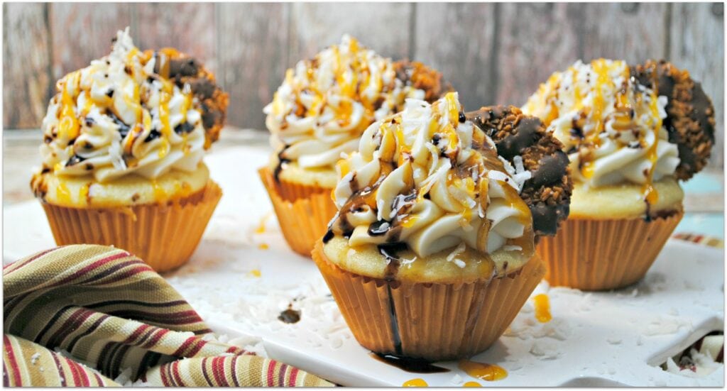 If you love Samoa Girl Scout cookies, you are in for a treat with these Samoa Cookie Cupcakes, made with the delicious ingredients in a samoa cookie.