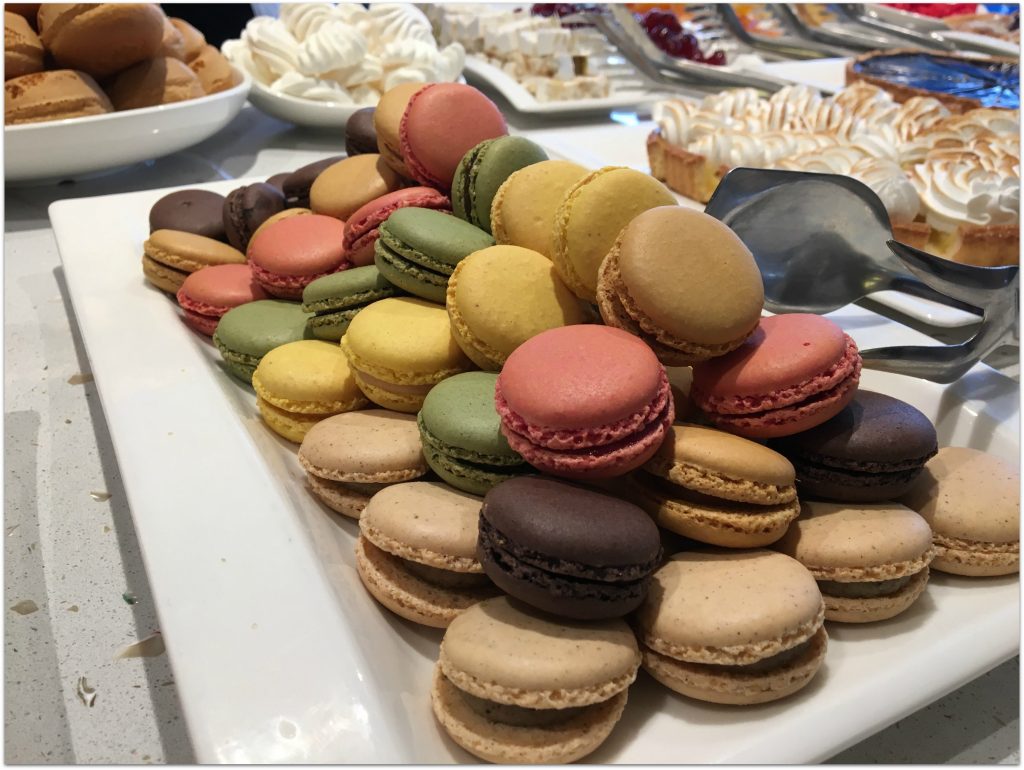 Macaron cookies on a tray.