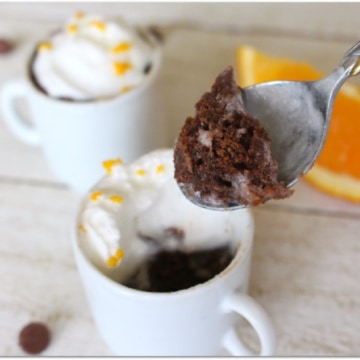 Spoonful of brownie from a mug cake shot.