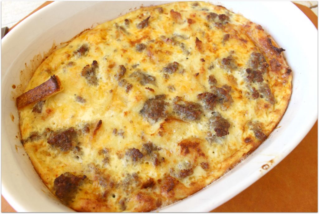 I love this breakfast casserole recipe because I can make it the night before and pop it in the oven in the morning and let it cook while I'm showering.