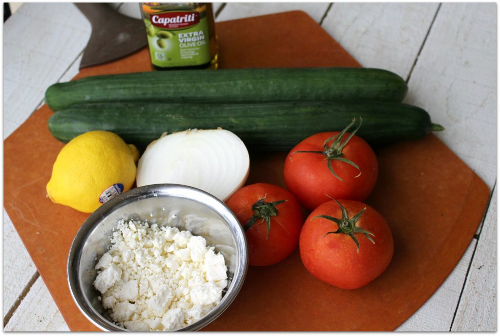 This salad is fantastic in the summer when tomatoes are perfect, but with produce coming in from all over the world all the time, you can easily find cucumbers and tomatoes year-round. They key to this salad is, of course, the dressing.