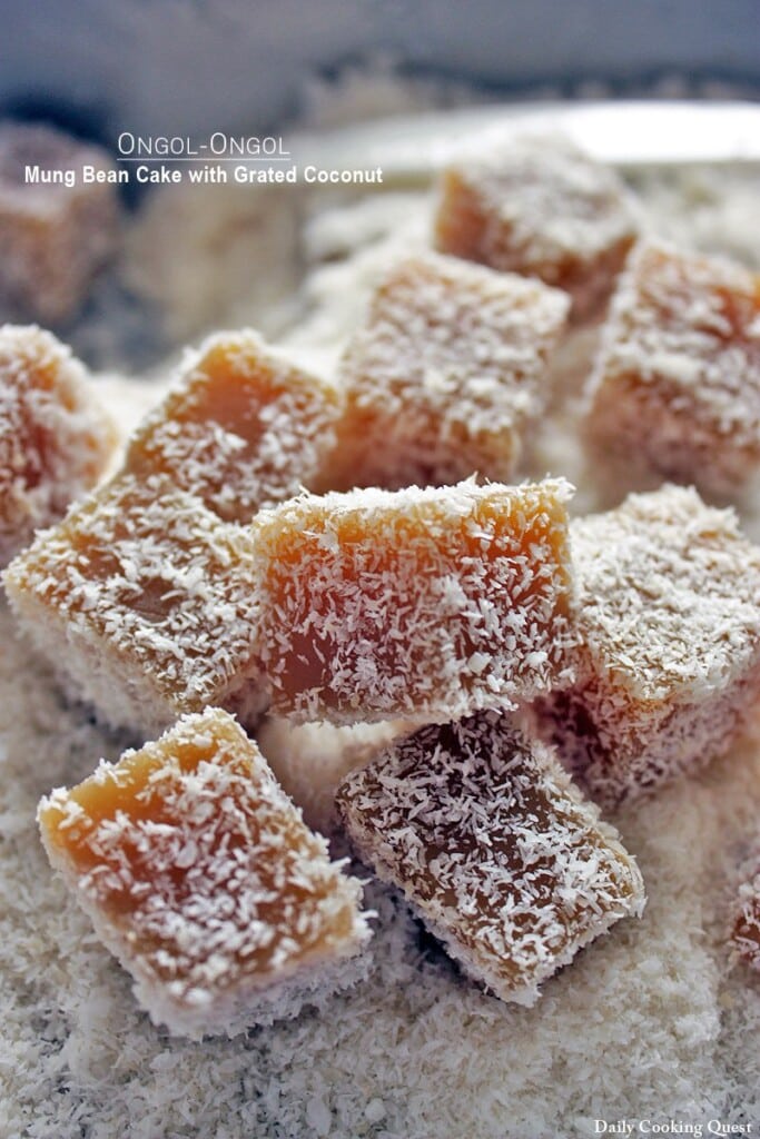 Slices of ongol caramel colored Indonesian dessert