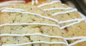 Cookies with white icing on a Pinterest graphic.