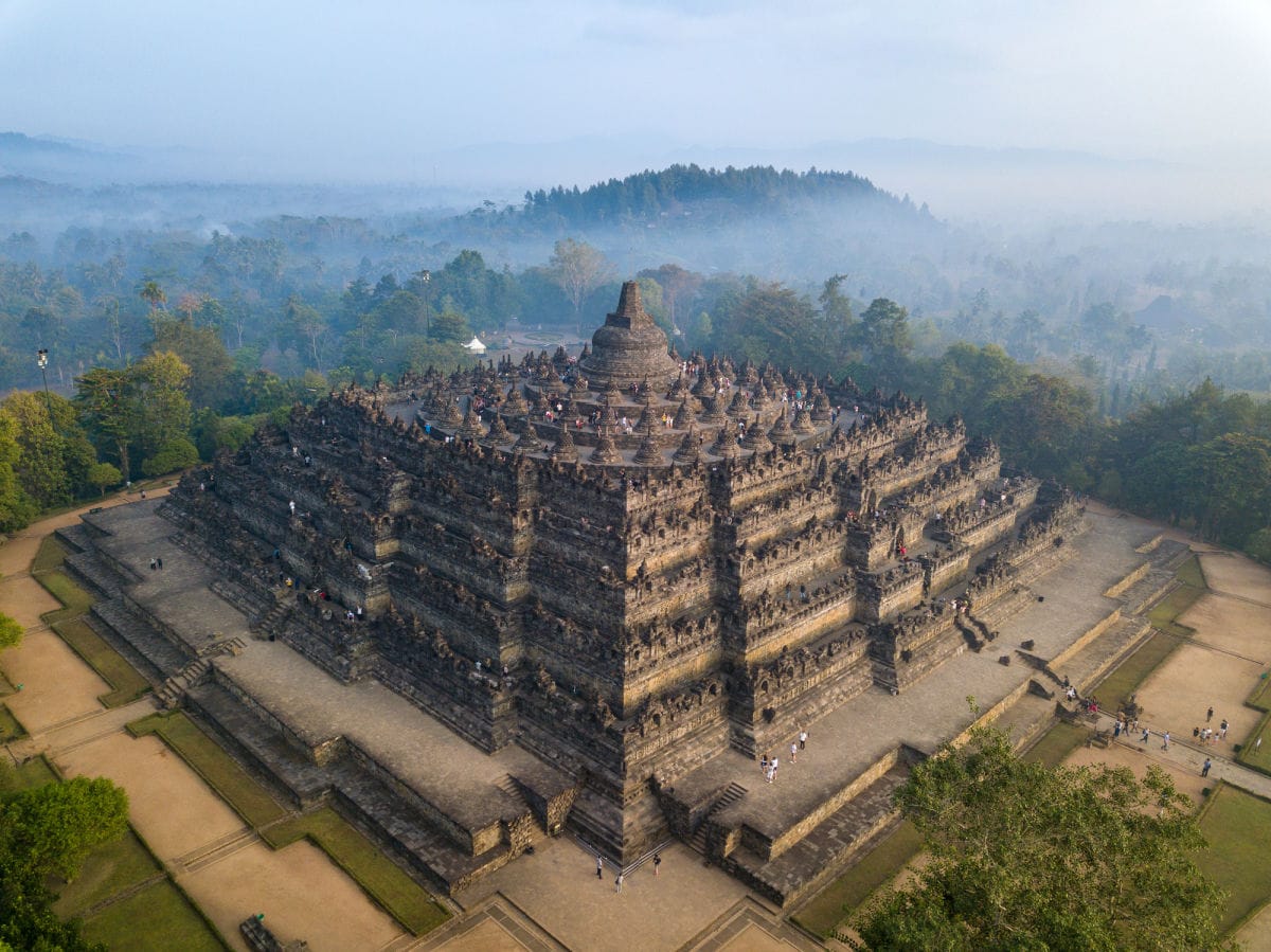 Borobudur temple from above with mist.