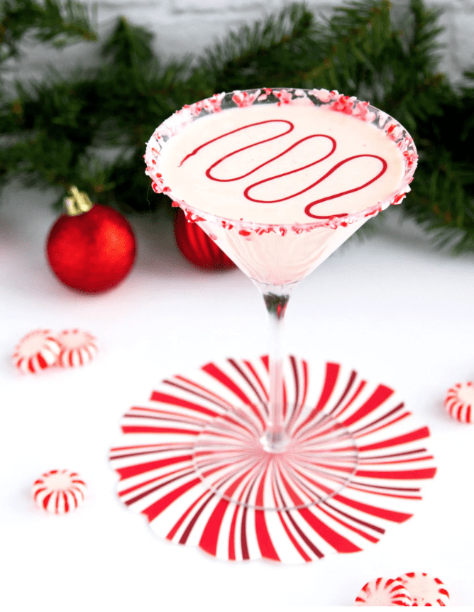 White Chocolate Peppermint Martini on white tablecloth.